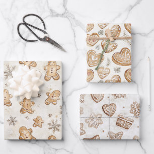 Cream Gingerbread Christmas Hearts Snowflakes Wrapping Paper Sheets