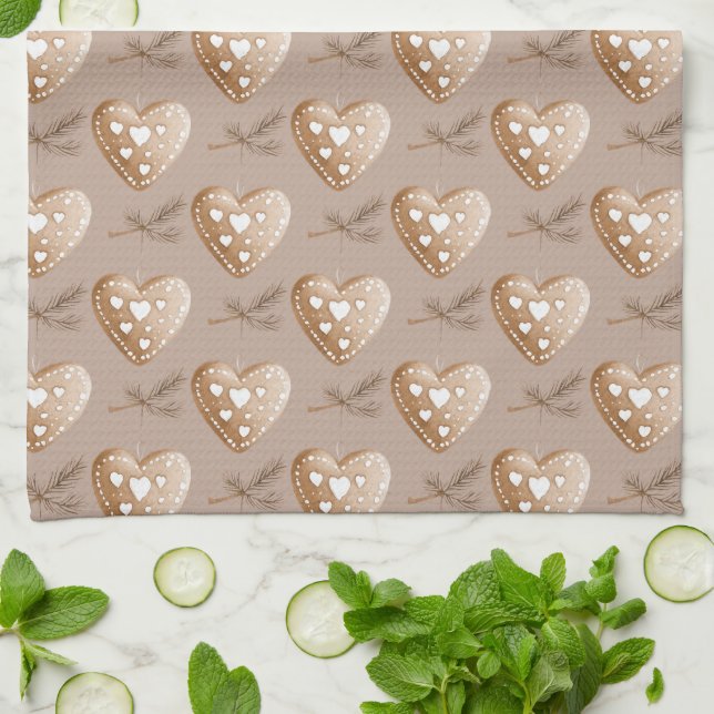 Cream Gingerbread Cookie Hearts Christmas Kitchen Towel (Folded)