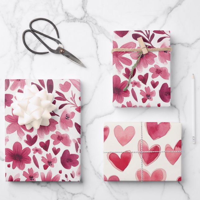 Cream Girly Pink Red Flowers Hearts Birthday Wrapping Paper Sheets (Front)
