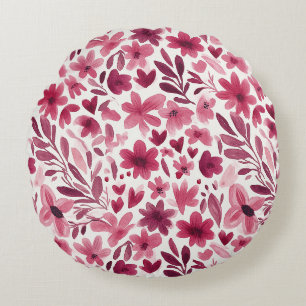 Cream Girly Pink Red Flowers Hearts Round Pillow
