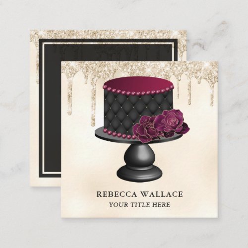 Cream Glitter Burgundy Floral Tufted Cake Bakery Square Business Card