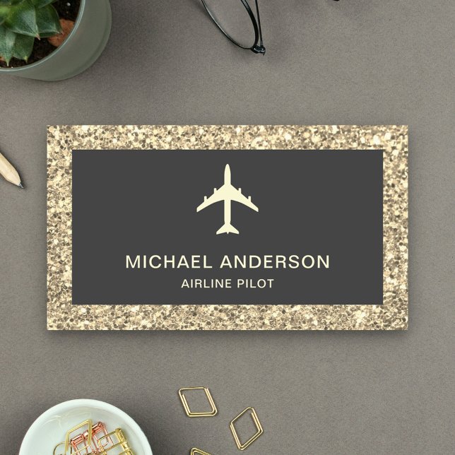 Cream Glitter Jet Aircraft Airplane Airline Pilot Business Card (Creator Uploaded)