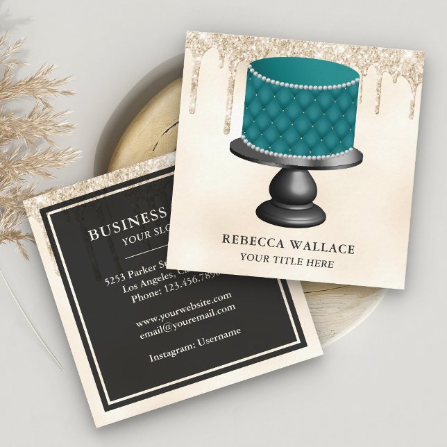 Cream Glitter Teal Tufted Cake Bakery Square Business Card (Creator Uploaded)