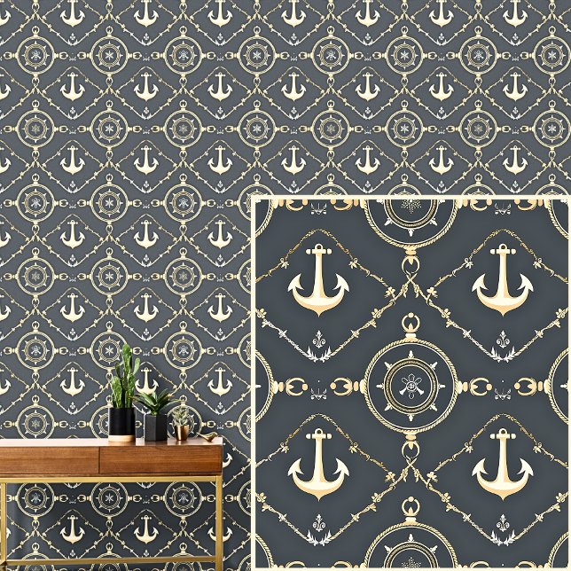 Cream Gold Anchors & Compass  Dark Gray Blue Wallpaper (Creator Uploaded)