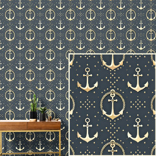 Cream Gold Anchors & Rope on Dark Gray Blue Wallpaper