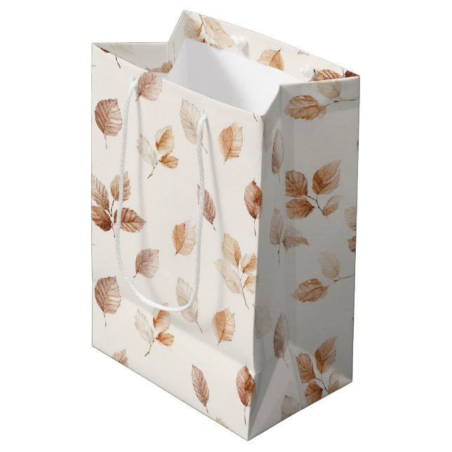 Cream Gold Autumn Leaves Medium Gift Bag (Front Angled)