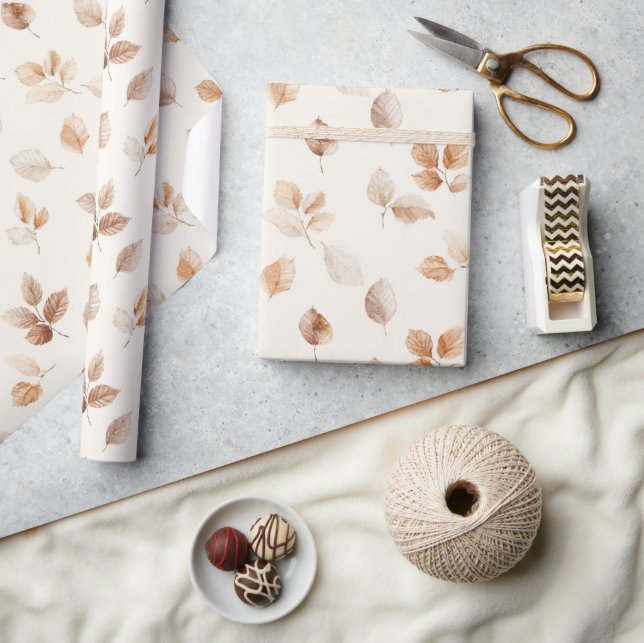 Cream Gold Autumn Leaves Wrapping Paper (Crafts)