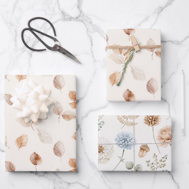 Cream Gold Autumn Leaves  Wrapping Paper Sheets (Front)