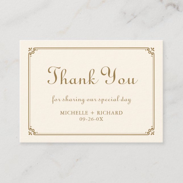 Cream Gold Border Wedding Thank You Card (Front)