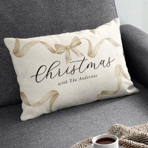 Cream Gold Bow Family Christmas Lumbar Pillow