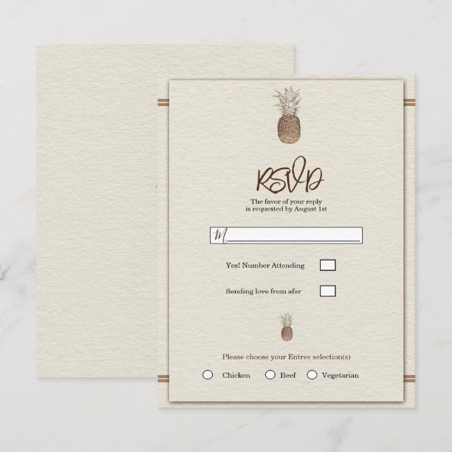 Cream Gold Brown Pineapple Minimal Wedding RSVP  Invitation (Front/Back)