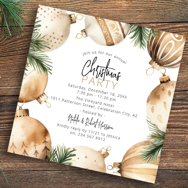 Cream & Gold Christmas Tree Ornaments Party Invitation (Creator Uploaded)