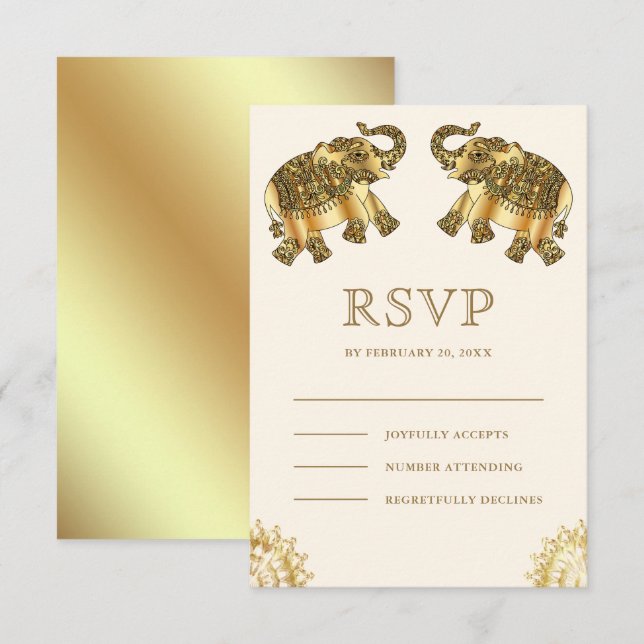 Cream Gold Ethnic Elephants Indian Wedding RSVP Card (Front/Back)