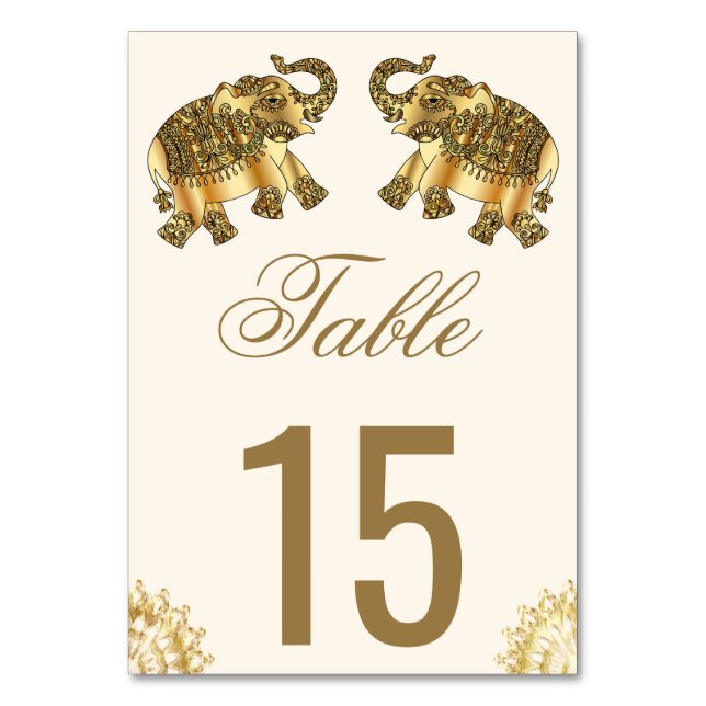 Cream Gold Ethnic Elephants Indian Wedding Table Number (Front)