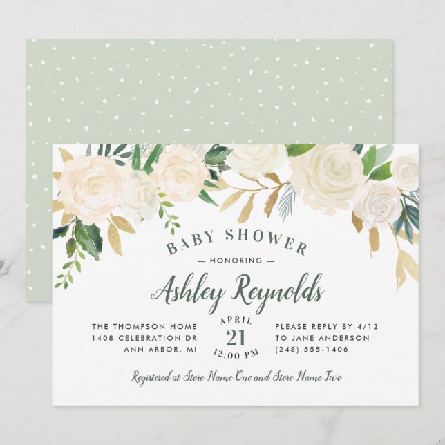 Cream Gold Floral Greenery Baby Shower Horizontal Invitation (Front/Back)