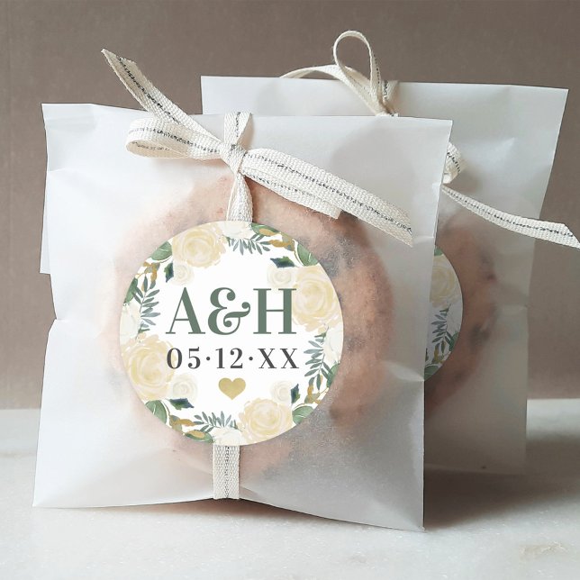 Cream Gold Floral Greenery Monogram Wedding Classic Round Sticker (Creator Uploaded)