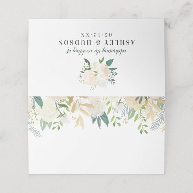 Cream Gold Floral Greenery Monogram Wedding Place Card (Outside Unfolded)