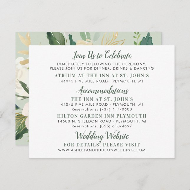 Cream Gold Floral Greenery Wedding Information Enclosure Card (Front/Back)