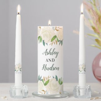 Cream Gold Floral Greenery Wedding Monogram Unity Candle Set