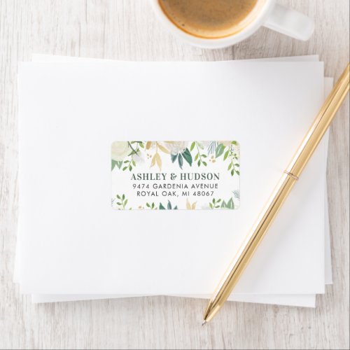 Cream Gold Floral Greenery Wedding Return Address Label