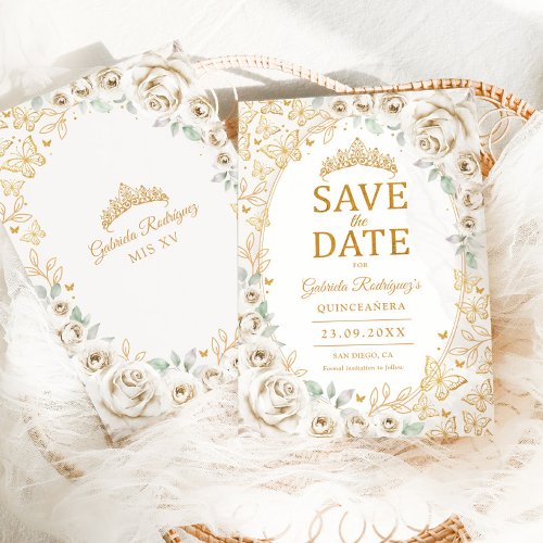 Cream Gold Floral Quinceanera Save The Date