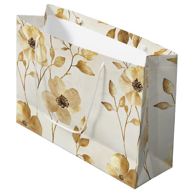 Cream Gold Floral Wedding Large Gift Bag (Front Angled)