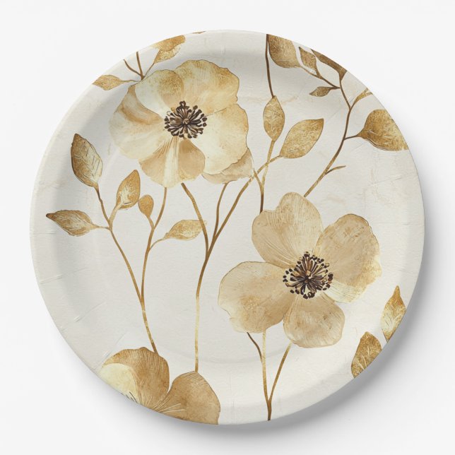Cream Gold Floral Wedding Paper Plates (Front)