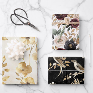 Cream Gold Floral Wedding Wrapping Paper Sheets