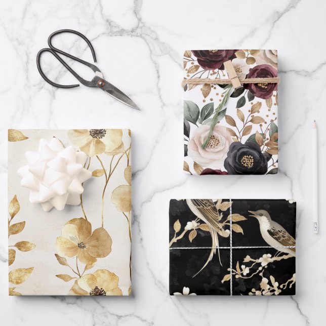 Cream Gold Floral Wedding Wrapping Paper Sheets (Front)