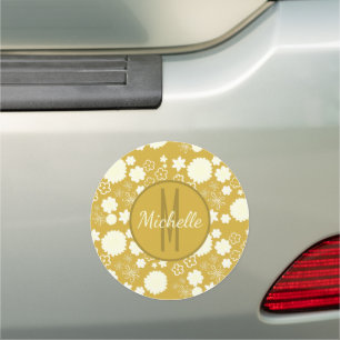 CREAM GOLD FLOWER PATTERN ELEGANT MONOGRAM NAME CAR MAGNET