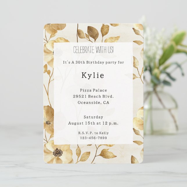 Cream Gold Flowers Birthday   Invitation (Standing Front)