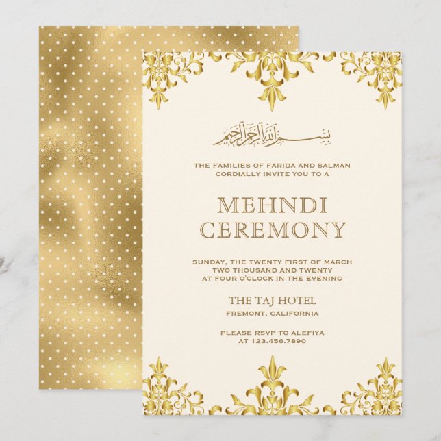 Cream Gold Foil Damask Islamic Wedding Mehndi Invitation (Front/Back)