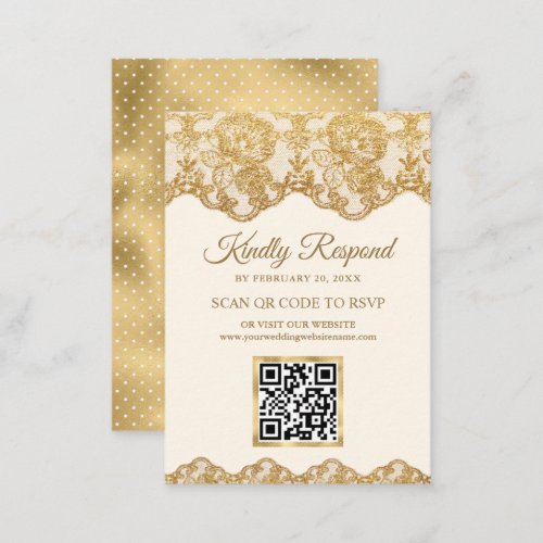Cream Gold Foil Lace QR Code RSVP Wedding Website Enclosure Card