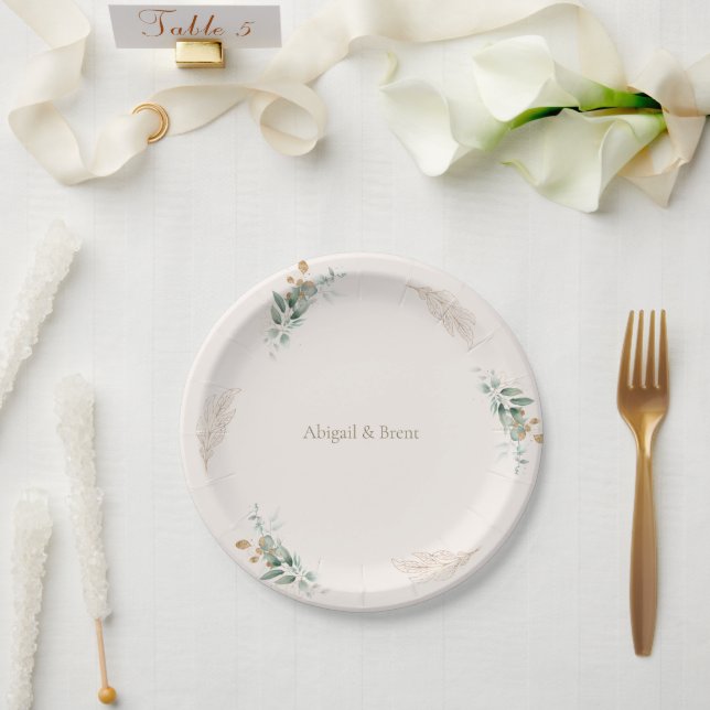Cream & Gold Foliage Wedding Paper Plates (Wedding)