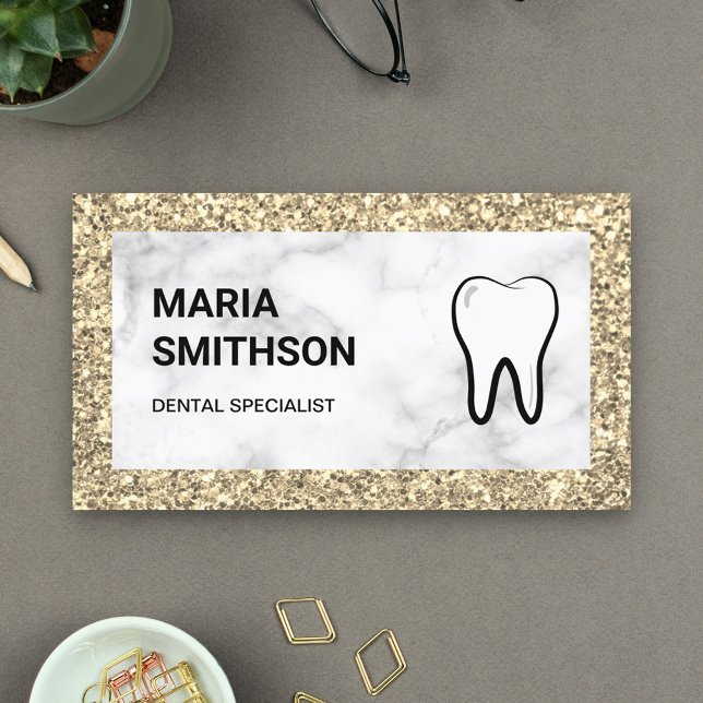 Cream Gold Glitter Marble Dental Clinic Dentist Business Card (Creator Uploaded)
