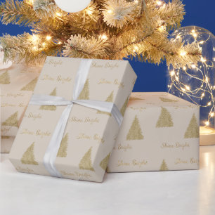 Cream Gold Glitter Shine Christmas Trees      Wrapping Paper
