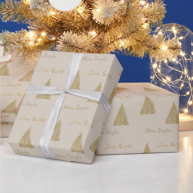 Cream Gold Glitter Shine Christmas Trees      Wrapping Paper (Holidays)