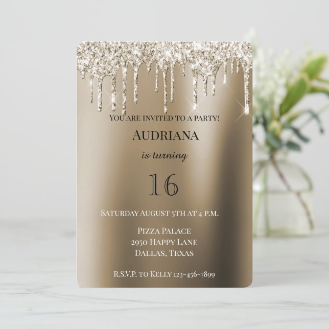 Cream Gold Glitz Glitter Ice Cream Drips Birthday Invitation (Standing Front)