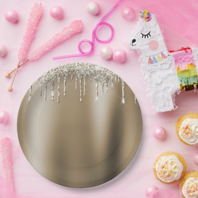 Cream Gold Glitz Glitter Ice Cream Drips Birthday Paper Plates (Party)