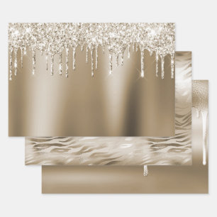 Cream Gold Glitz Glitter Ice Cream Drips Birthday Wrapping Paper Sheets