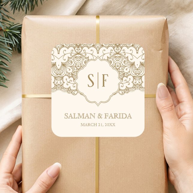 Cream Gold Lace Monogram Wedding Favor Square Sticker (Creator Uploaded)