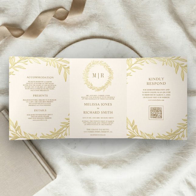 Cream Gold Leaf Branch QR Code Wedding Tri-Fold Invitation (Creator Uploaded)