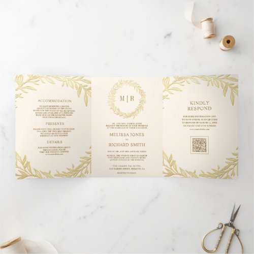 Cream Gold Leaf Branch QR Code Wedding Tri-Fold Invitation