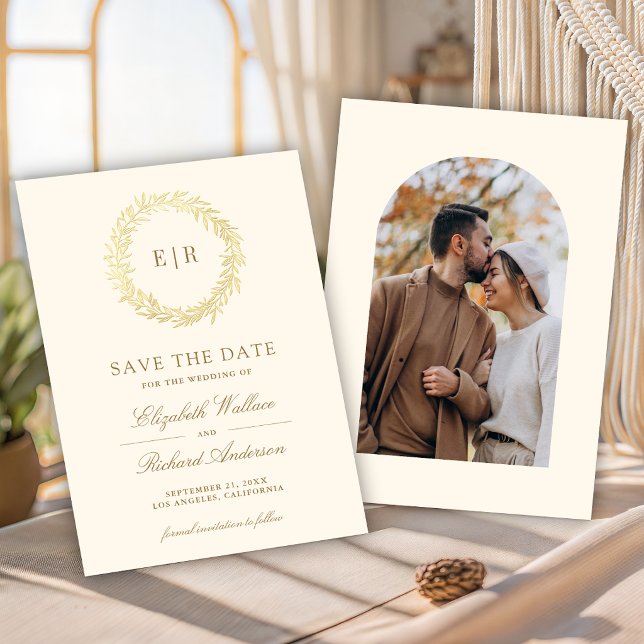 Cream Gold Leaf Branch Wedding Photo Save The Date (Creator Uploaded)