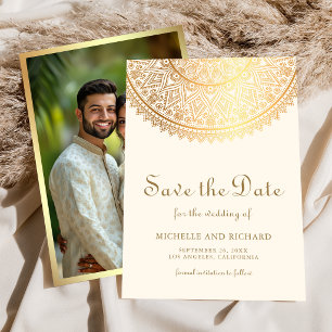 Cream Gold Mandala Indian Wedding Photo Save The Date