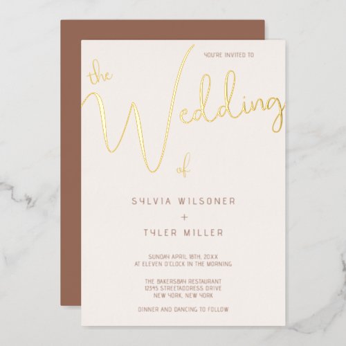 Cream Gold Minimalist Typography Wedding Foil Invitation