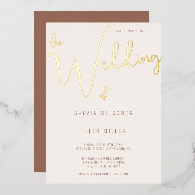 Cream Gold Minimalist Typography Wedding Foil Invitation (Front/Back)