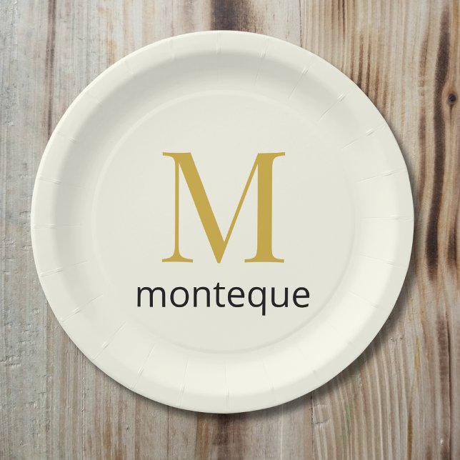 Cream Gold Monogram Personalized Name Luxury Gift  Paper Plates (Creator Uploaded)