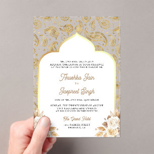 Cream Gold Paisley Floral Indian Wedding Acrylic Invitations