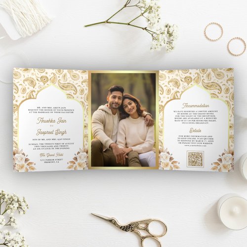 Cream Gold Paisley Floral QR Code Indian Wedding Tri_Fold Invitation